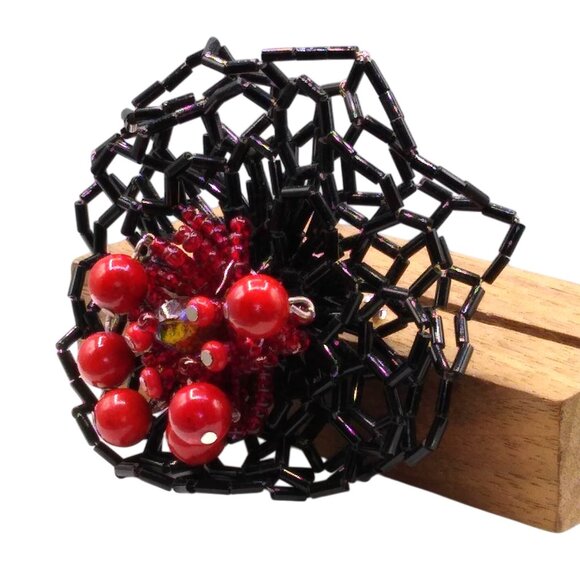 Beaded Glass Artisan Brooch, Large Black and Red Flower Pin, Unique Goth Floral - Picture 3 of 4